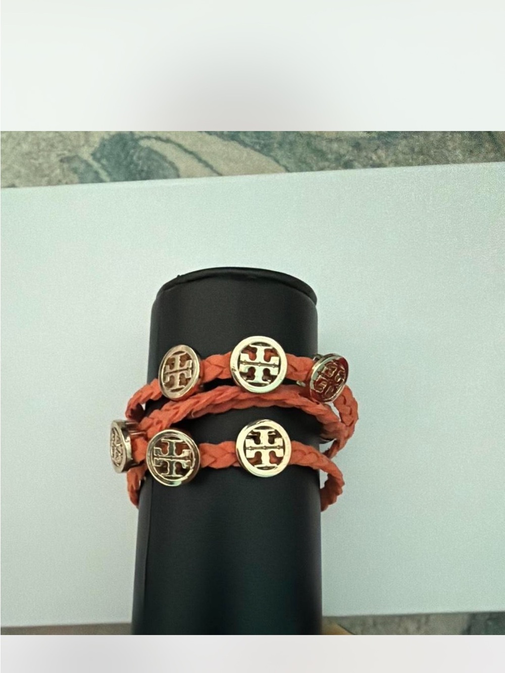 Tory Burch Orange Braided Leather Wrap Bracelet with Gold Logo Charms